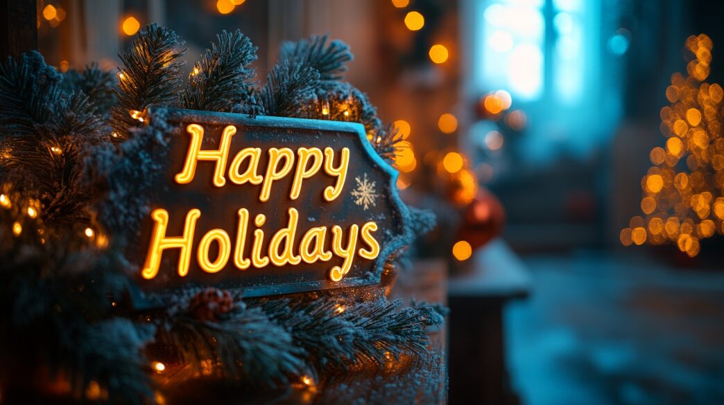 Gold Happy Holidays Calligraphy Script on Evergreen Background for Seasonal Greetings - Gringo Gazette