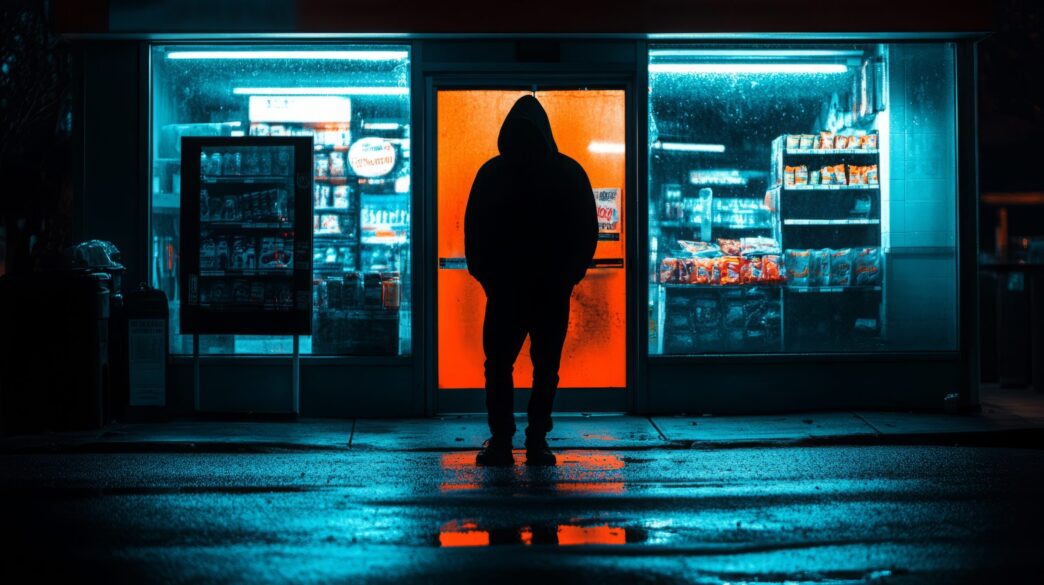 A man in a dark hooded jacket stands in front of a store with green lighting at night. robbery of a store at night - Gringo Gazette