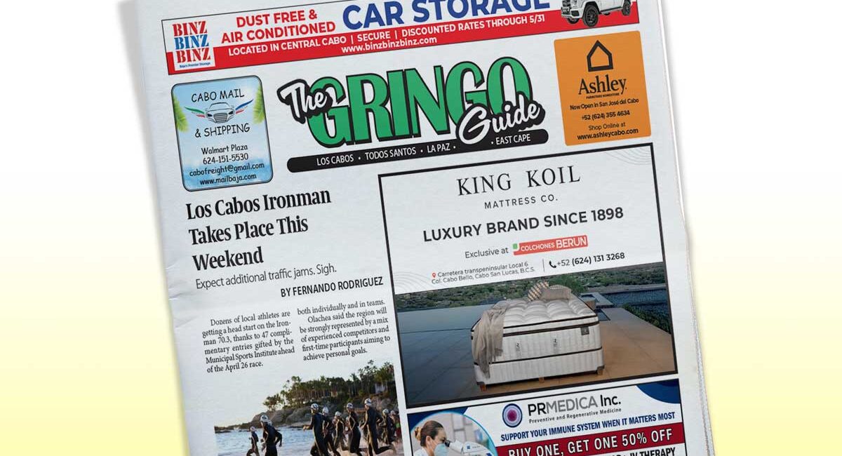Front page of The Gringo Guide newspaper, featuring articles and multiple ads including a King Koil ad, tilted on the page reading area
