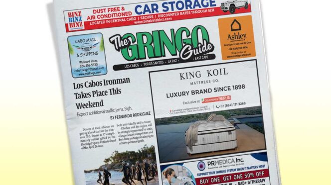 Front page of The Gringo Guide newspaper, featuring articles and multiple ads including a King Koil ad, tilted on the page reading area