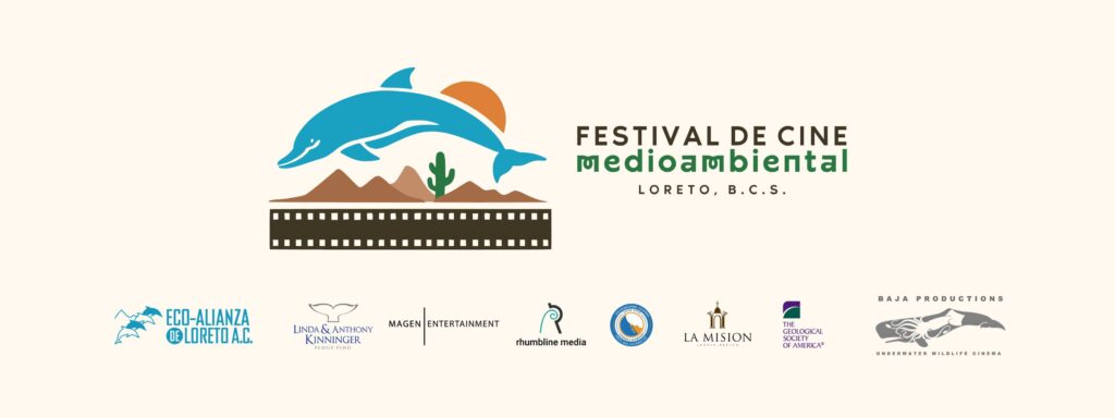 Dolphin leaping over desert mountains with a film strip base, cactus and sun, for Festival de Cine Medioambiental Loreto.