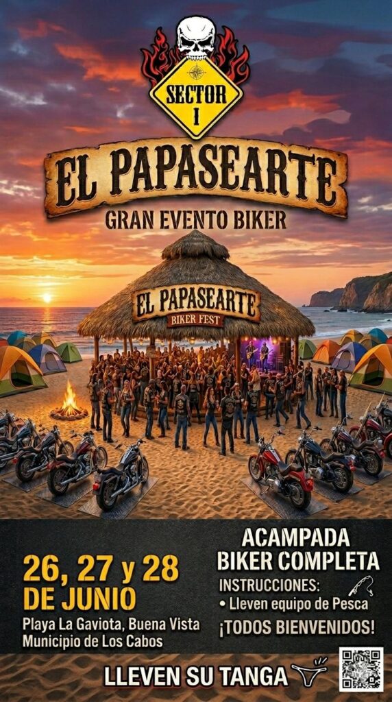 Poster advertising 'El Papasarte' Biker Fest on La Gaviota beach at sunset, showing a thatched pavilion, crowd of bikers, tents, and motorcycles lined up along the sand; dates 26, 27 y 28 de Junio and location Playa La Gaviota, Municipio de Los Cabos.