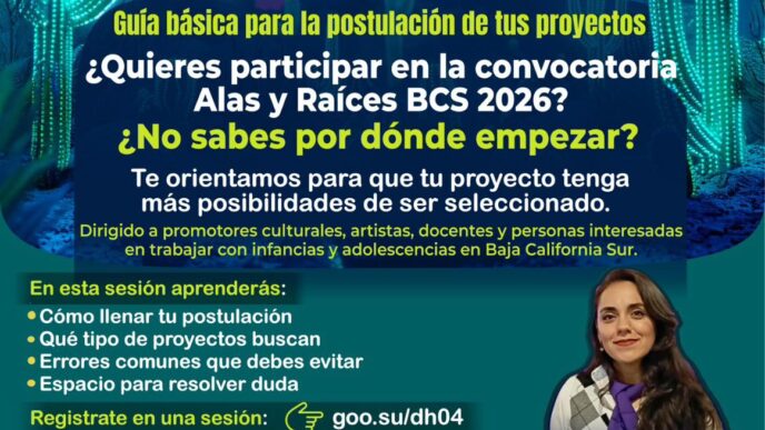 Cartel promocional de una charla en línea de Alas y Raíces BC Sur con información de registro y fechas.