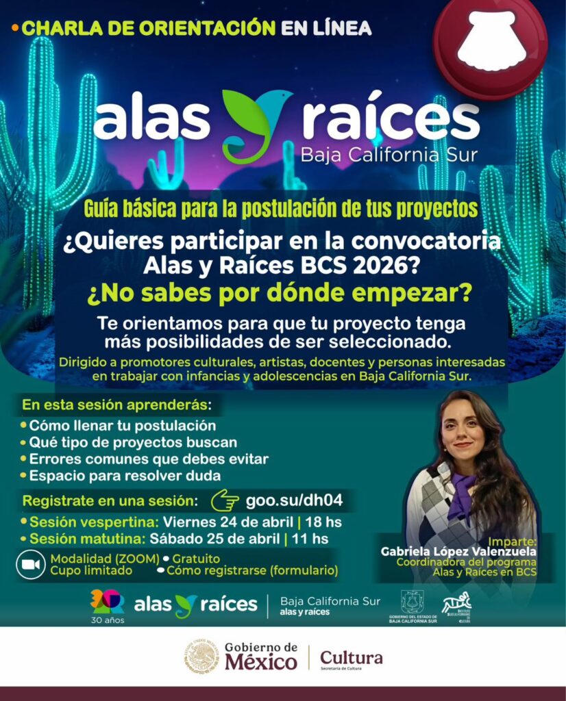 Cartel promocional de una charla en línea de Alas y Raíces BC Sur con información de registro y fechas.