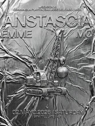 Promotional poster for Season VI event featuring a crane lifting a disco ball, with text about Crania at La Playita, San Jose del Cabo, Mexico; dated May 2, 2026, 9 PM to late.