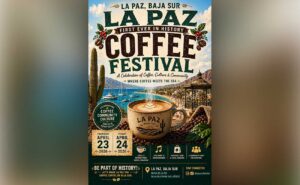 Poster for La Paz Coffee Festival with a large coffee cup, cacti, boats and coastline; dates April 23–24, 2026; tagline 'Where coffee meets the sea'.