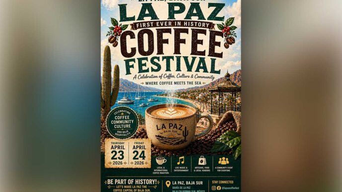 Poster for La Paz Coffee Festival with a large coffee cup, cacti, boats and coastline; dates April 23–24, 2026; tagline 'Where coffee meets the sea'.
