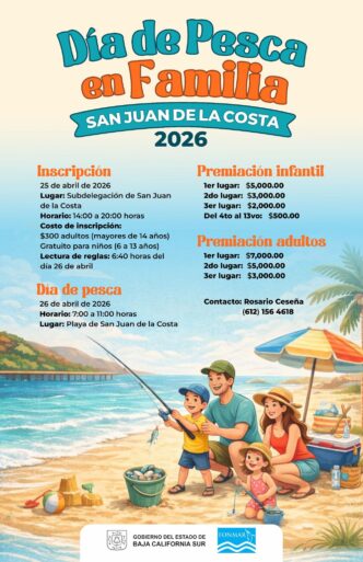 Poster for Día de Pesca en Familia 2026 at San Juan de la Costa, showing a smiling family fishing on a sunny beach.