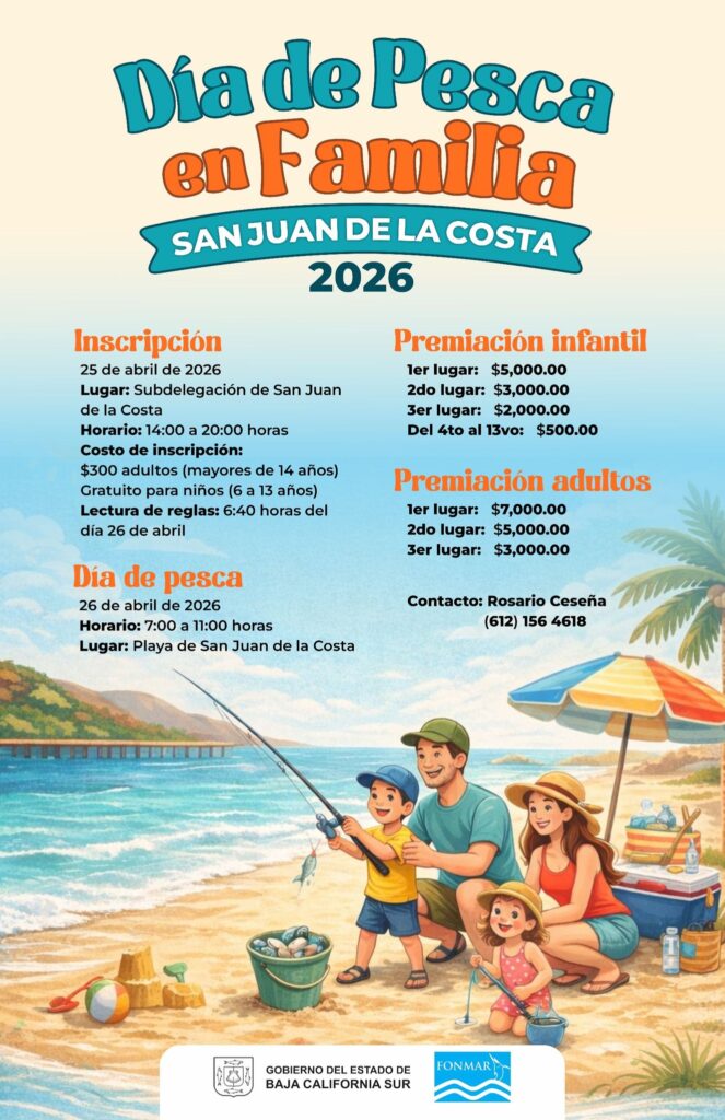 Poster for Día de Pesca en Familia 2026 at San Juan de la Costa, showing a smiling family fishing on a sunny beach.