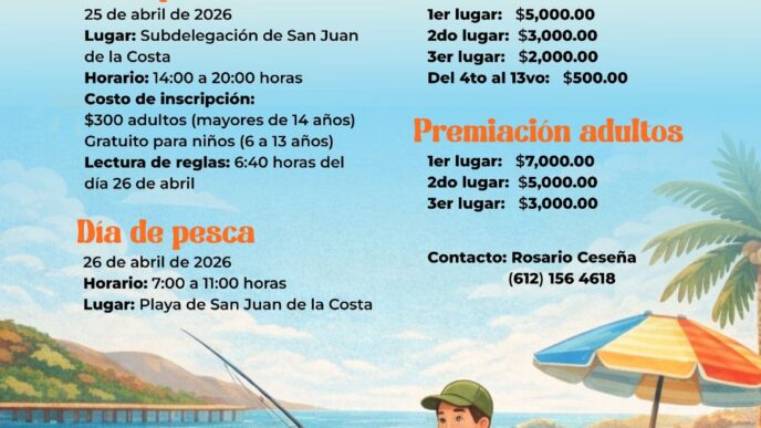 Poster for Día de Pesca en Familia 2026 at San Juan de la Costa, showing a smiling family fishing on a sunny beach.