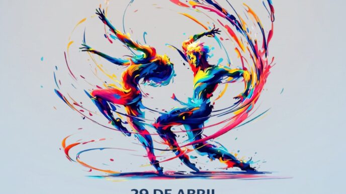 Promo poster for Día Internacional de la Danza with two colorful dancers swirling on a blue gradient; date 29 de Abril, Teatro de la Ciudad, 6:30 PM.