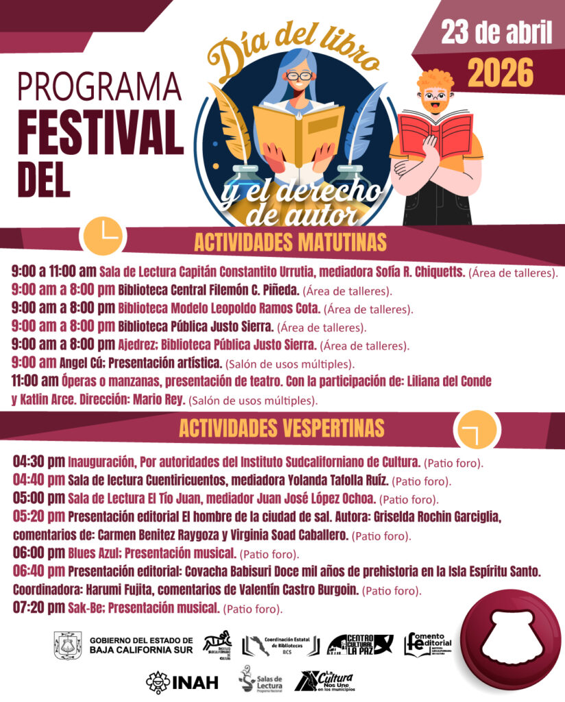 Cartel promocional en español para el Día del Libro y el derecho de autor, con ilustración de una mujer leyendo un libro y un hombre leyendo, y secciones 'ACTIVIDADES MATUTINAS' y 'ACTIVIDADES VESPERTINAS' junto a la fecha 23 de abril de 2026.