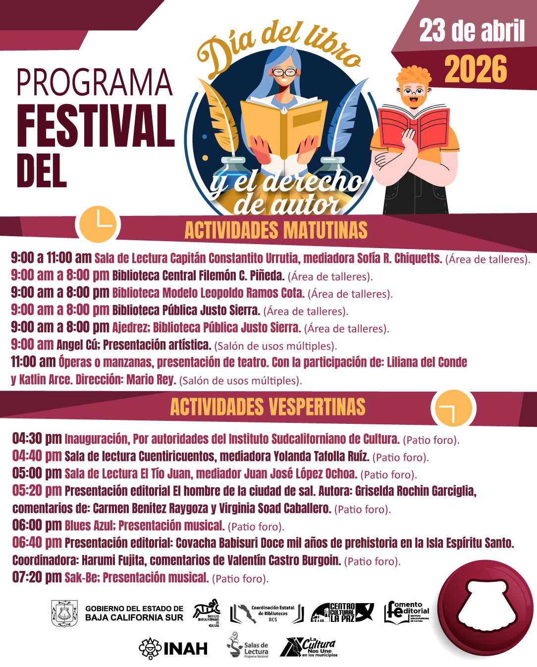 Cartel promocional en español para el Día del Libro y el derecho de autor, con ilustración de una mujer leyendo un libro y un hombre leyendo, y secciones 'ACTIVIDADES MATUTINAS' y 'ACTIVIDADES VESPERTINAS' junto a la fecha 23 de abril de 2026.