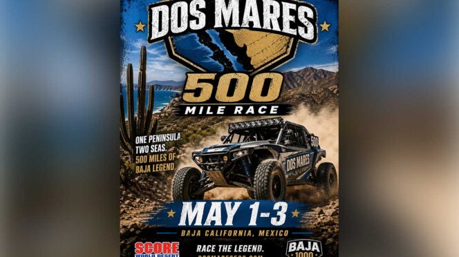 Poster for the Dos Mares 500 Mile Race in Baja California, Mexico with a rugged off-road vehicle kicking up dust.