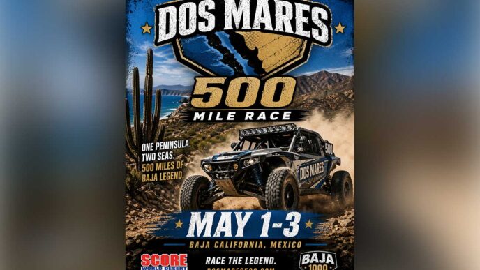 Poster for the Dos Mares 500 Mile Race in Baja California, Mexico with a rugged off-road vehicle kicking up dust.