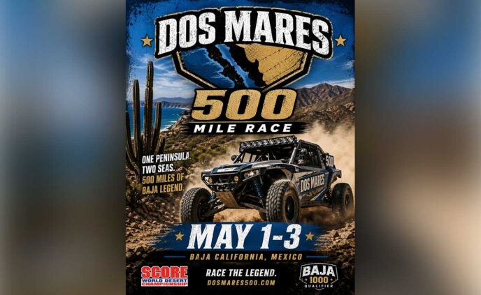 Poster for the Dos Mares 500 Mile Race in Baja California, Mexico with a rugged off-road vehicle kicking up dust.