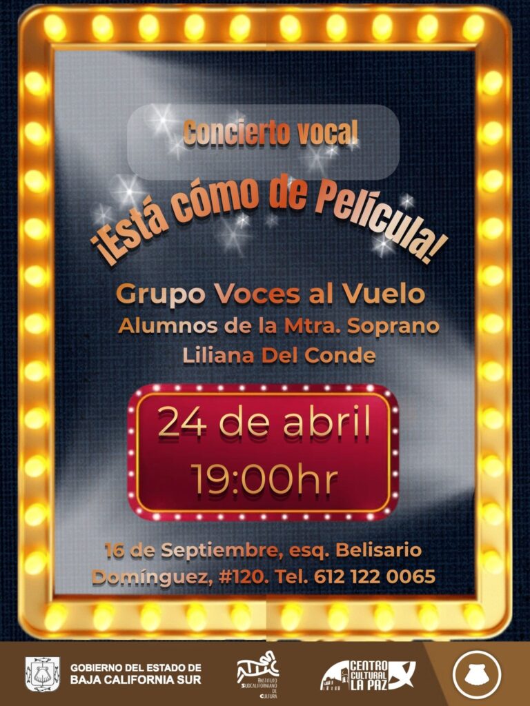 Poster de concierto vocal iluminado con borde de luces; texto principal anuncia concierto y detalles de fecha y hora (24 de abril, 19:00 h) y nombre del grupo/artistas en español