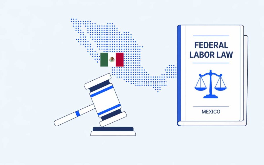 Illustration of a dotted map of Mexico with a small Mexican flag, a gavel, and a book labeled 'Federal Labor Law' (Mexico).