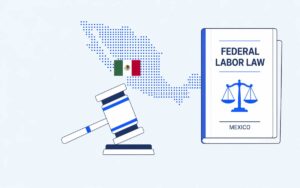 Illustration of a dotted map of Mexico with a small Mexican flag, a gavel, and a book labeled 'Federal Labor Law' (Mexico).