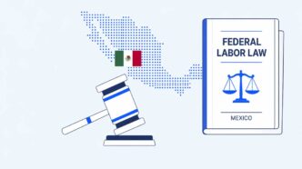 Illustration of a dotted map of Mexico with a small Mexican flag, a gavel, and a book labeled 'Federal Labor Law' (Mexico).