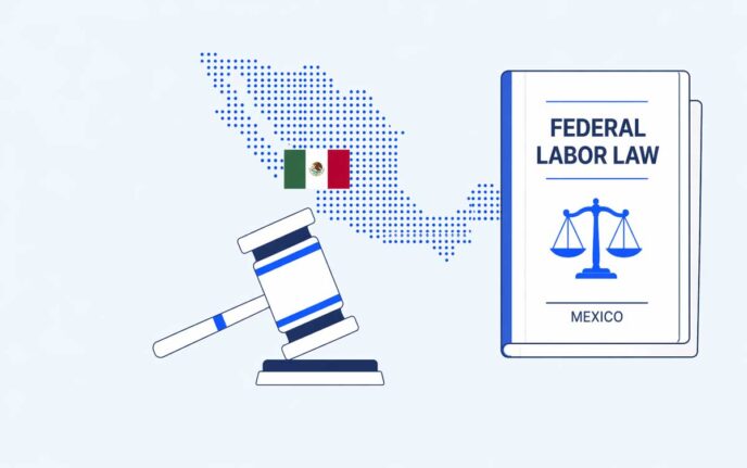 Illustration of a dotted map of Mexico with a small Mexican flag, a gavel, and a book labeled 'Federal Labor Law' (Mexico).