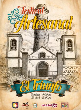 Poster for a Festival Artesanal in El Triunfo featuring a historic church with banners and decorative typography