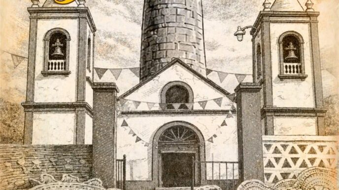 Poster for a Festival Artesanal in El Triunfo featuring a historic church with banners and decorative typography