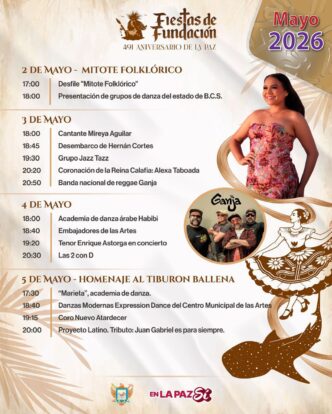 Poster for 'Fiestas de Fundación' with May 2-5 schedule of folk, dance and concerts; features a smiling woman in a floral dress on the right.