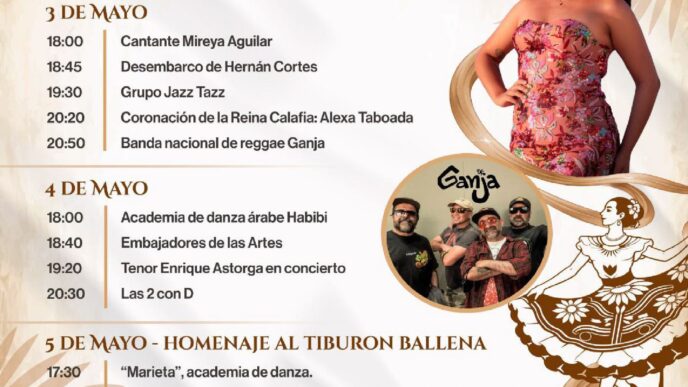 Poster for 'Fiestas de Fundación' with May 2-5 schedule of folk, dance and concerts; features a smiling woman in a floral dress on the right.