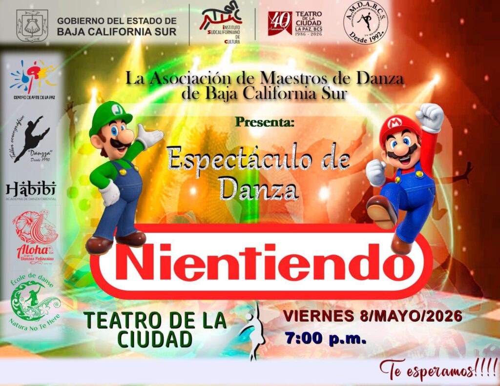 Colorful dance-event poster featuring Mario and Luigi characters with 'Espectáculo de Danza' and a prominent red 'Nientiendo' (Nintendo-inspired) logo; details of the show below.