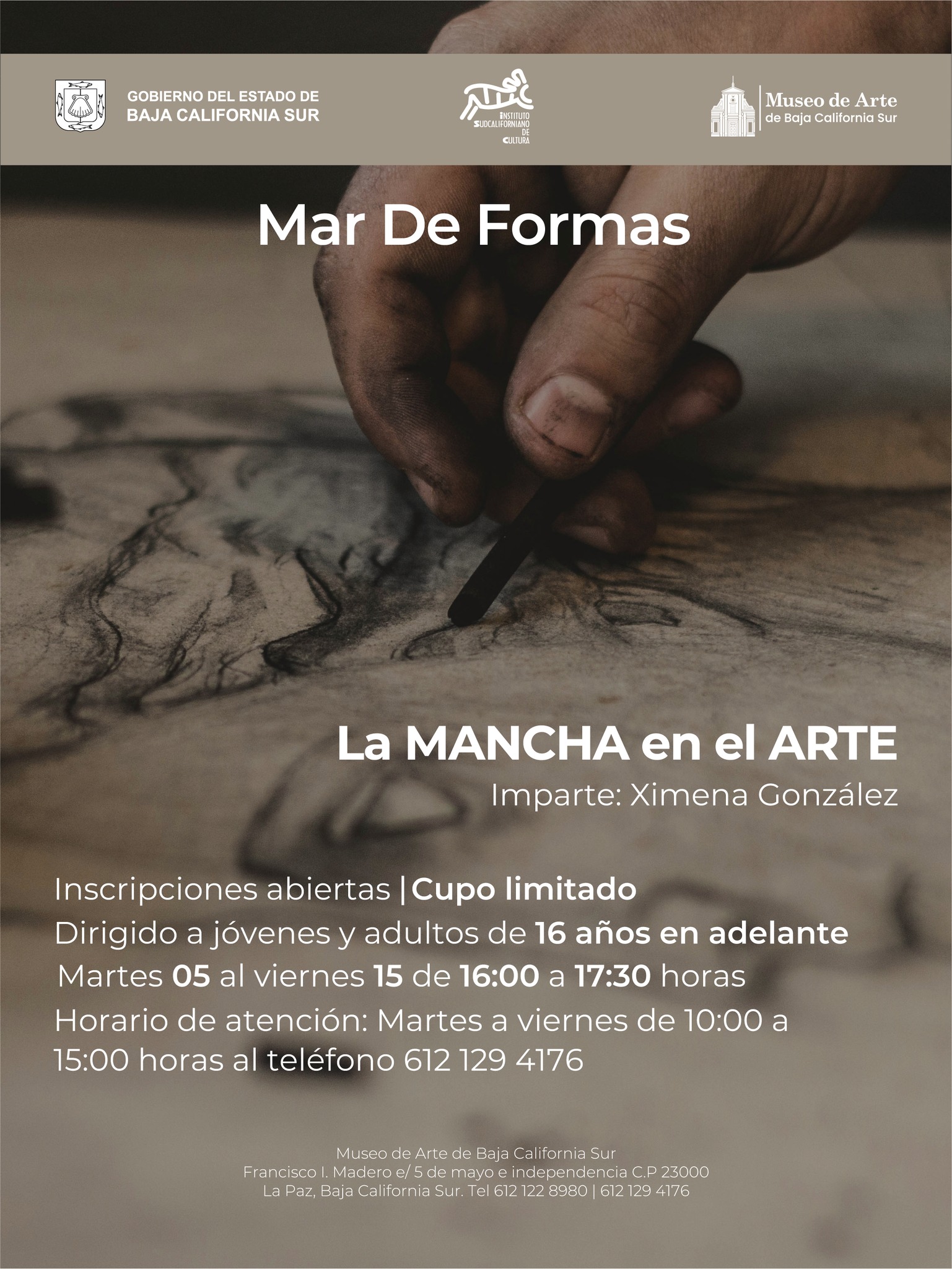 Close-up of a hand drawing with charcoal on paper for the poster 'La Mancha en el Arte' event.