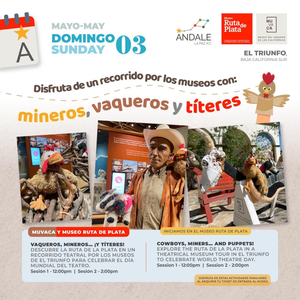 Cartel promocional para un recorrido por museos con temáticas de mineros, vaqueros y títeres, con fotos de exhibiciones en el ángulo.