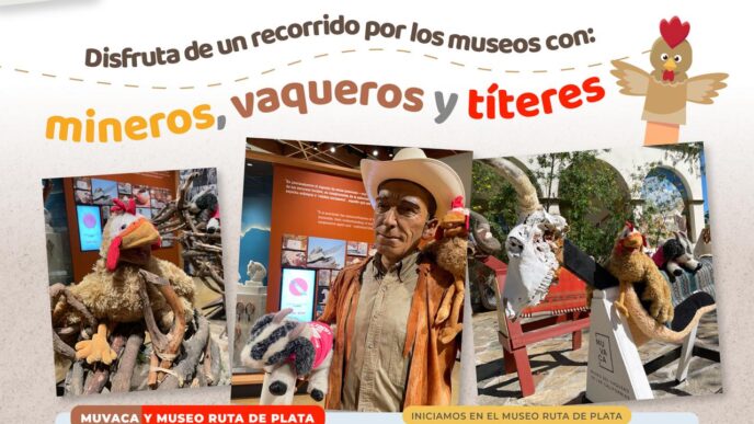 Cartel promocional para un recorrido por museos con temáticas de mineros, vaqueros y títeres, con fotos de exhibiciones en el ángulo.
