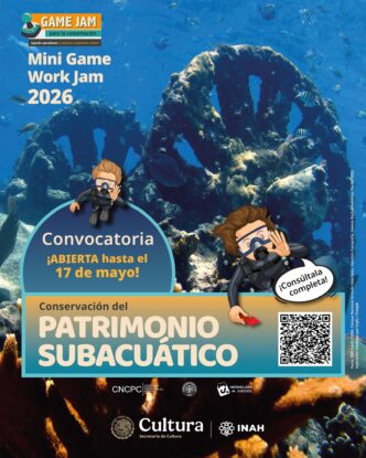 Poster advertising 'Mini Game Work Jam 2026' on an underwater backdrop, inviting a convocatoria abierta with divers and a QR code.