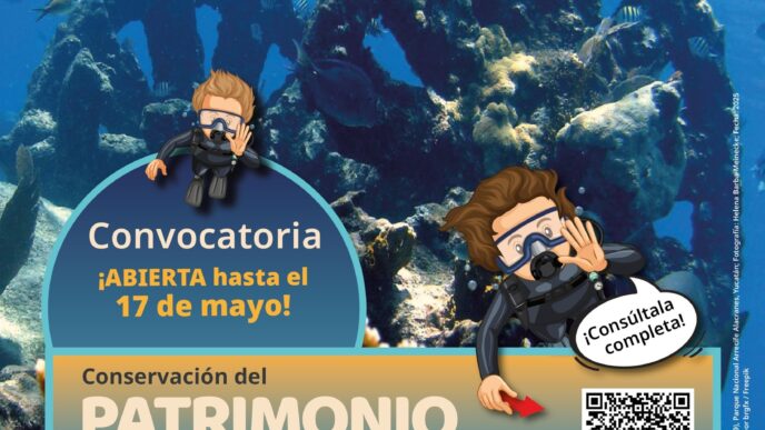 Poster advertising 'Mini Game Work Jam 2026' on an underwater backdrop, inviting a convocatoria abierta with divers and a QR code.