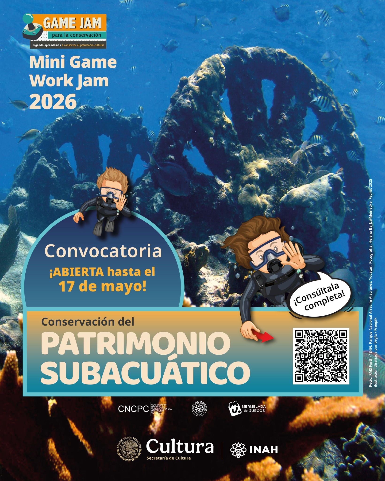 Poster advertising 'Mini Game Work Jam 2026' on an underwater backdrop, inviting a convocatoria abierta with divers and a QR code.
