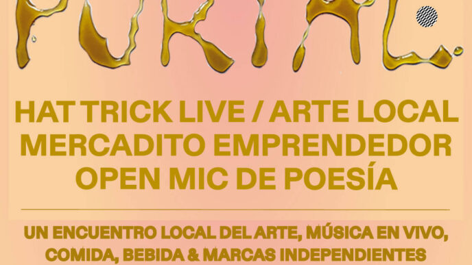 Peach-gradient event poster announcing PORTAL: Arte & Cultura with live poetry open mic, local art, and music.