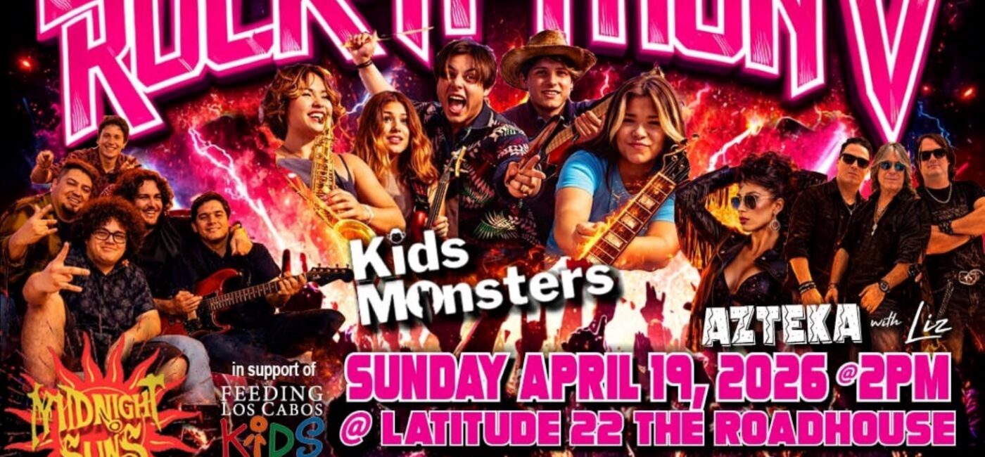 Colorful poster for Rock-A-Thony V featuring a kids’ band and performers; Sun Apr 17, 2026, 2 PM at Latitude 22 Roadhouse.