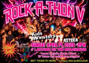 Colorful poster for Rock-A-Thony V featuring a kids’ band and performers; Sun Apr 17, 2026, 2 PM at Latitude 22 Roadhouse.
