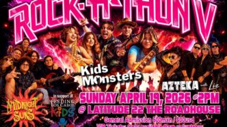 Colorful poster for Rock-A-Thony V featuring a kids’ band and performers; Sun Apr 17, 2026, 2 PM at Latitude 22 Roadhouse.
