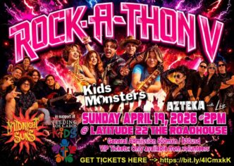 Colorful poster for Rock-A-Thony V featuring a kids’ band and performers; Sun Apr 17, 2026, 2 PM at Latitude 22 Roadhouse.