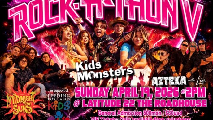 Colorful poster for Rock-A-Thony V featuring a kids’ band and performers; Sun Apr 17, 2026, 2 PM at Latitude 22 Roadhouse.