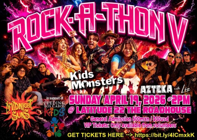 Colorful poster for Rock-A-Thony V featuring a kids’ band and performers; Sun Apr 17, 2026, 2 PM at Latitude 22 Roadhouse.