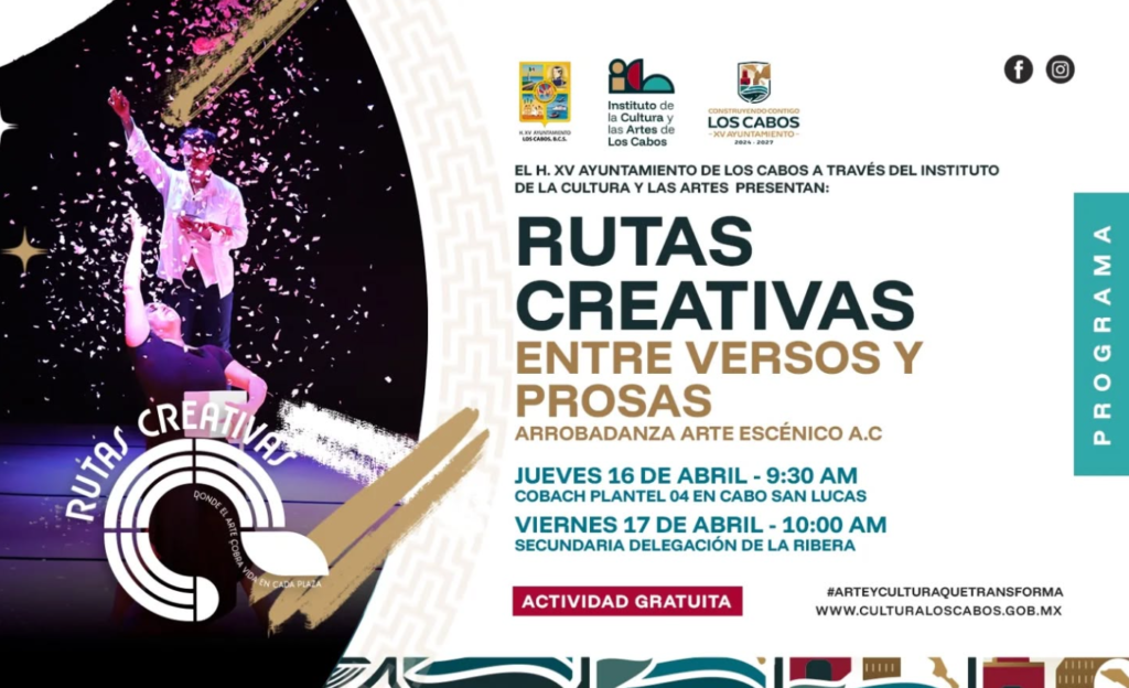 Poster promoting 'Rutas Creativas' event with dancers and bold typography, date and venue details included(Spanish].