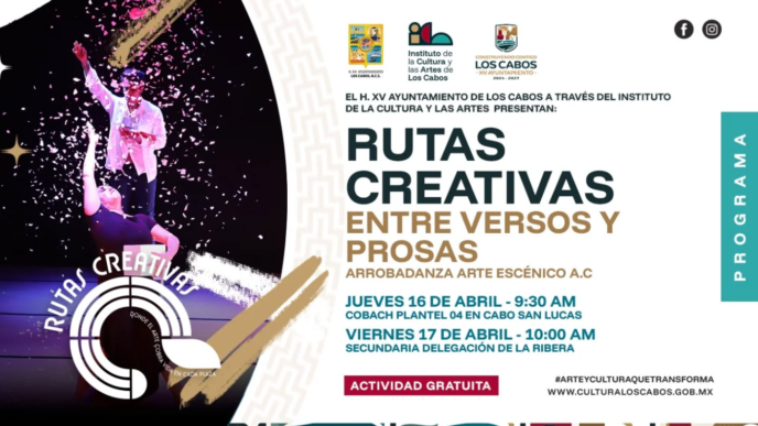 Poster promoting 'Rutas Creativas' event with dancers and bold typography, date and venue details included(Spanish].