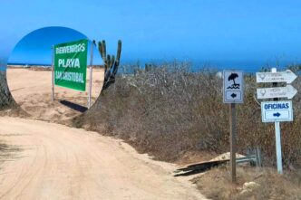 Beach entrance with a green sign reading 'Bienvenidos Plaza San Cristobal' along a sandy path, cacti nearby and distant blue sea.