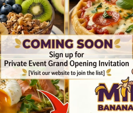 Collage of fruit and savory dishes with a bold 'COMING SOON' banner and a message to sign up for a private grand opening invitation; invites visiting the website to join the list.