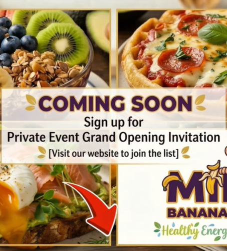 Collage of fruit and savory dishes with a bold 'COMING SOON' banner and a message to sign up for a private grand opening invitation; invites visiting the website to join the list.