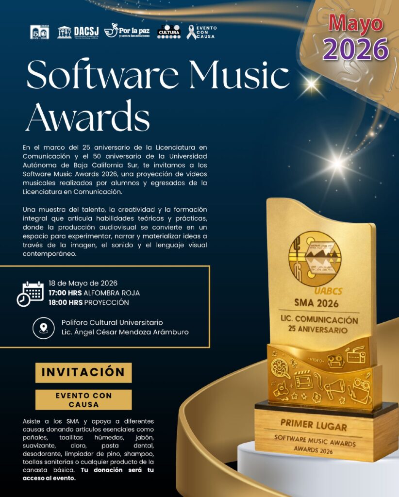 Poster for Software Music Awards 2026 with a gold trophy and May 2026 text on a dark blue background; includes event logos and Spanish description.