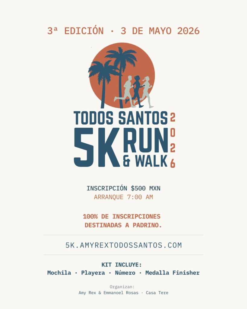 Poster for the 3rd edition of Todos Santos 5K Run & Walk (2026) with palm trees and runners silhouettes in front of an orange circle.